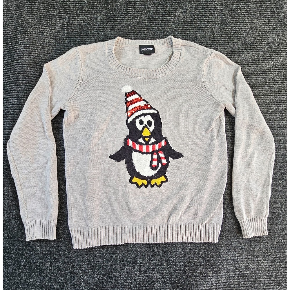 Joe Boxer Sweater Womens Large Gray Penguin Print Cotton Tight Knit Crew Neck